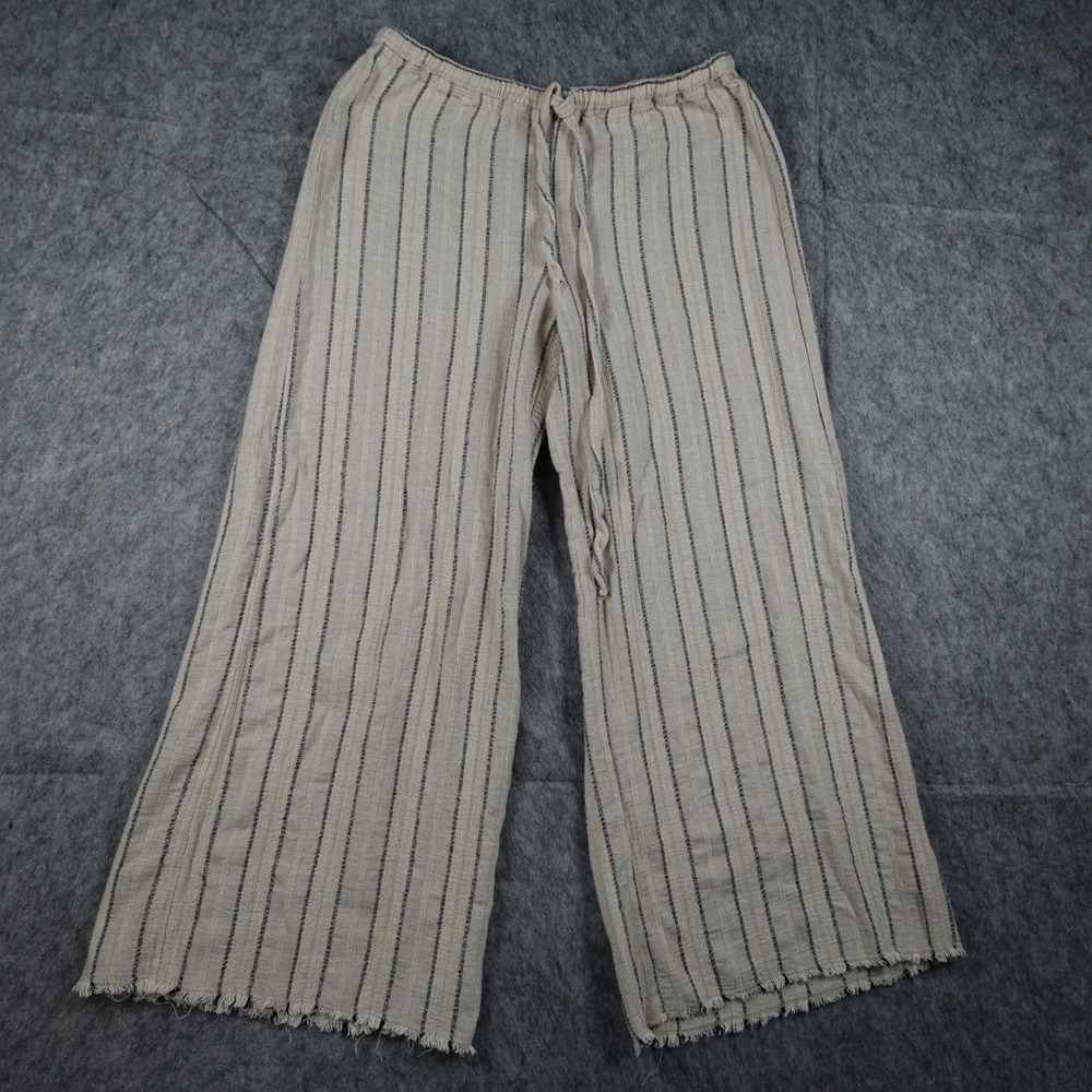 Bailey 44 Pants‎ Women Small Beige Striped Wide Leg Drawstring Raw Hem Beachy